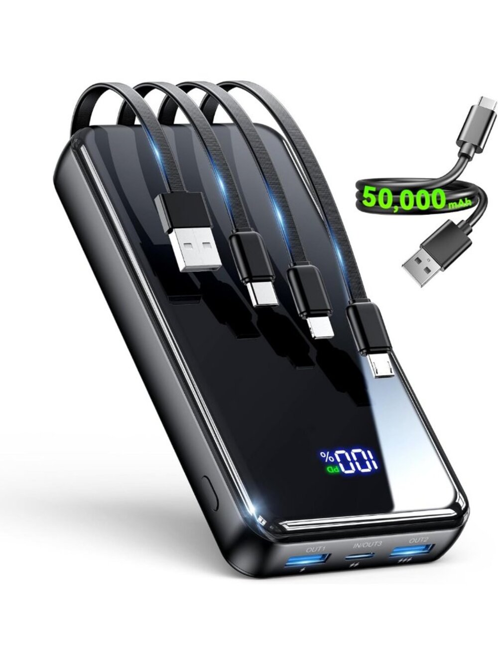 High-Capacity 50000mAh Portable Charger, 22.5W Power Bank with 4 Built-in Cables